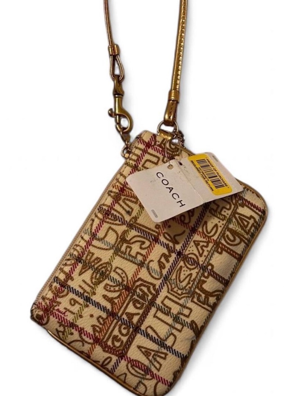 Coach Beige Signature Wristlet with Gold Strap and Multicolor Stitching